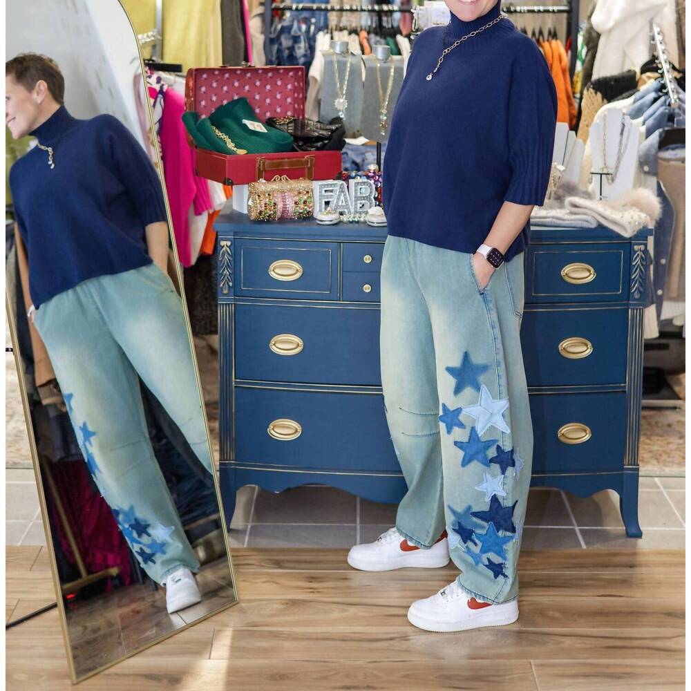 NEW EASEL starstruck patchwork barrel jeans in blue - Picture 6 of 6